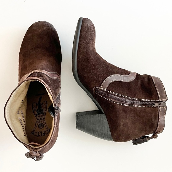 Fly London Shoes - Fly London Brown Suede Heeled Ankle Booties – Western-Inspired Boho Chic, EU41